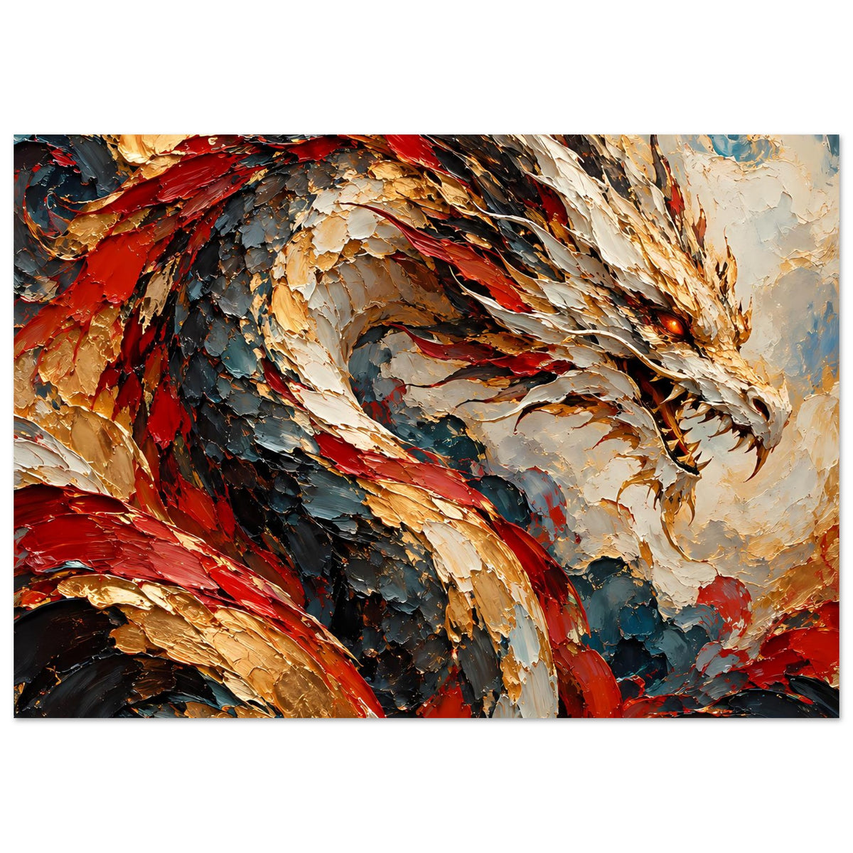 Fantasy-Poster: Drache in Rot, Gold und Grau, detailreiche Flügel