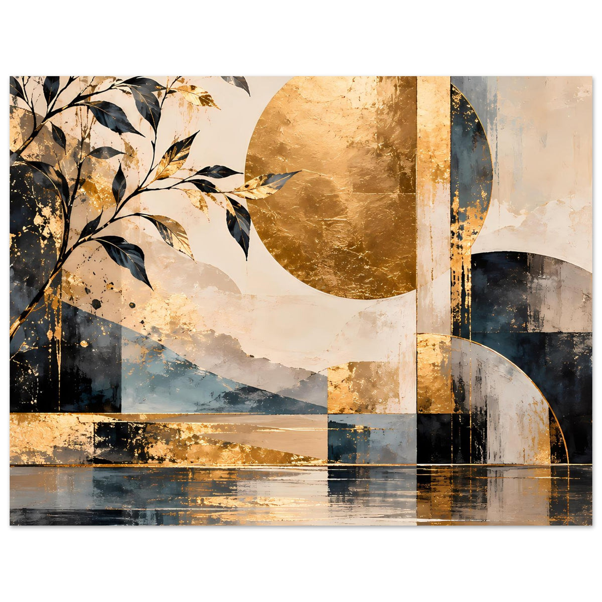 Kunstposter mit floralen Ästen, goldener Kreisfläche und blauem Bogen mit geometrischen Linien