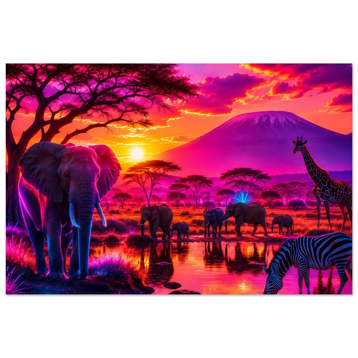 Neon-Safariposter mit Elefant im Vordergrund, Giraffe rechts und Zebras unten.