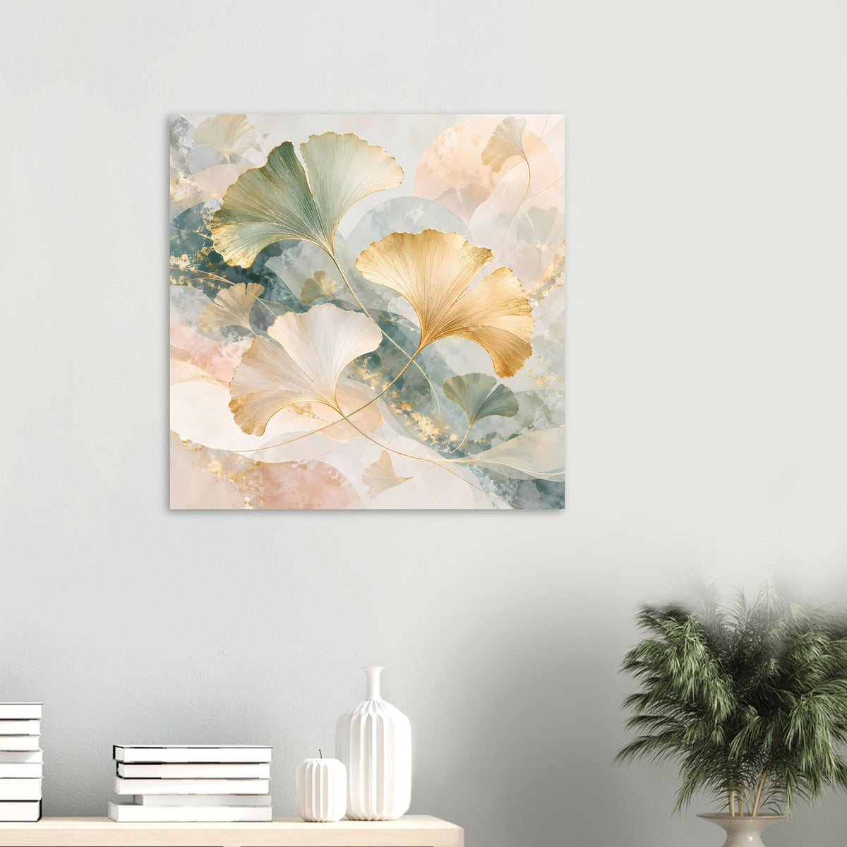 Quadratisches Poster mit Ginkgo-Blättern in Gold, Türkis und Creme, zarte Farbmischung