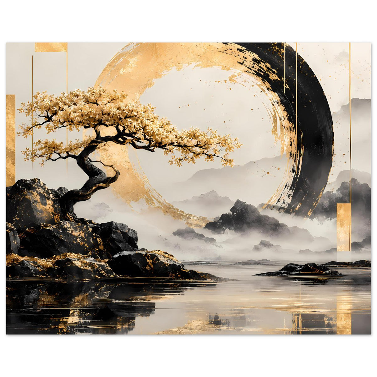 Querformat-Poster mit gold-schwarzem Kreis, Baum am Steilufer und Wasserreflexion