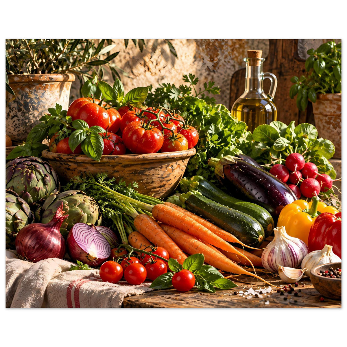 Rechteckiges Poster mit Gemüsearrangement: Tomaten, Karotten, Zucchini, Radieschen, Ölflasche.
