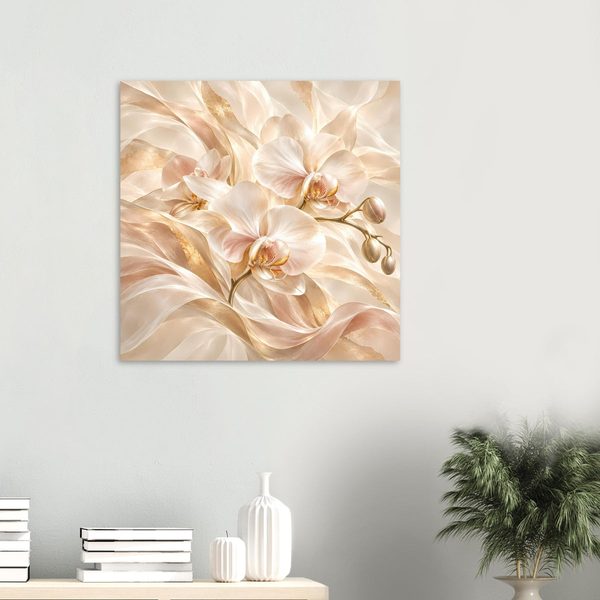 Orchideenposter mit beigen und goldenen Blüten und verspielten Blattlinien, quadratisch