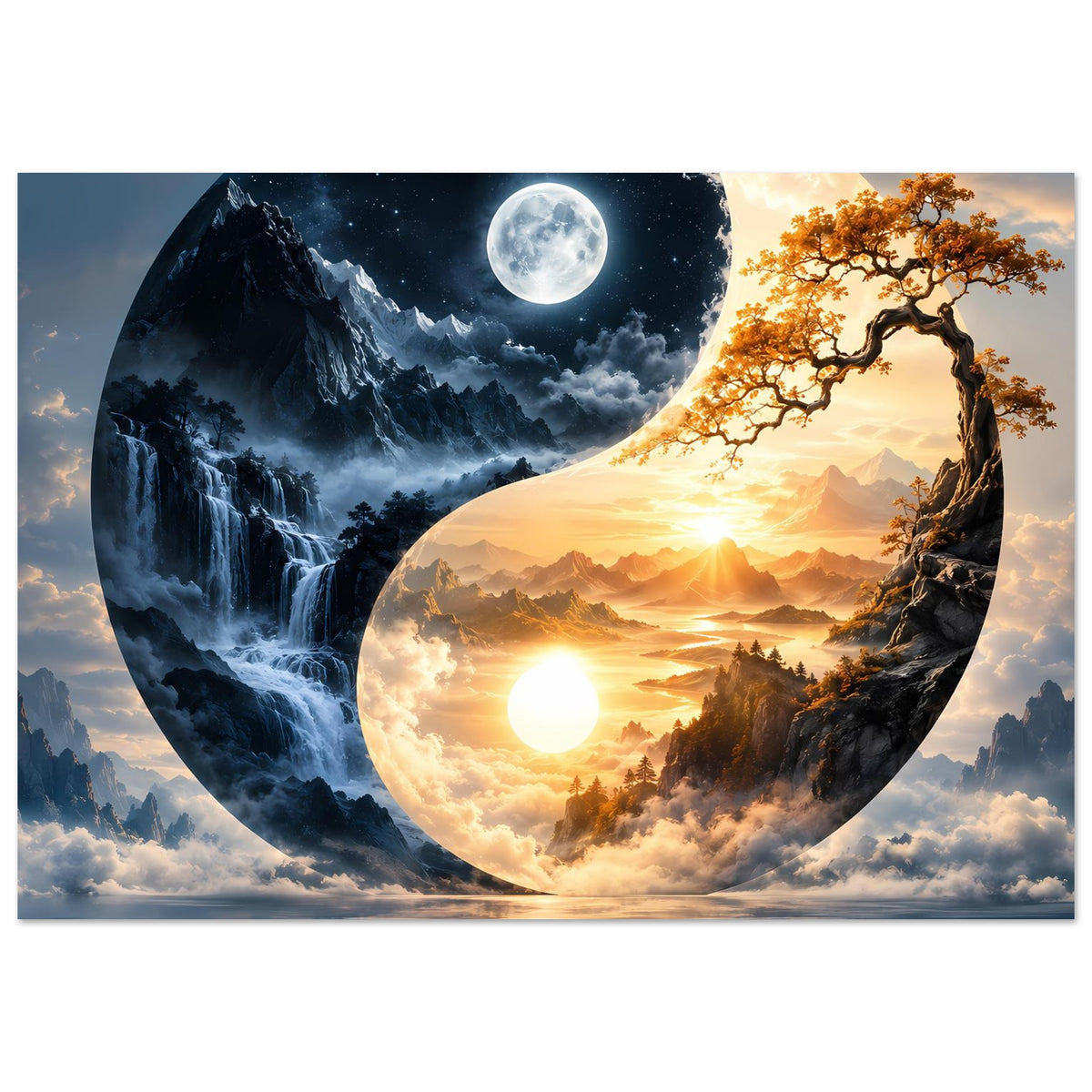 Poster mit Yin-Yang Landschaft: Mondseite mit Wasserfall, Sonnenseite mit Hügeln und Wolkenmeer