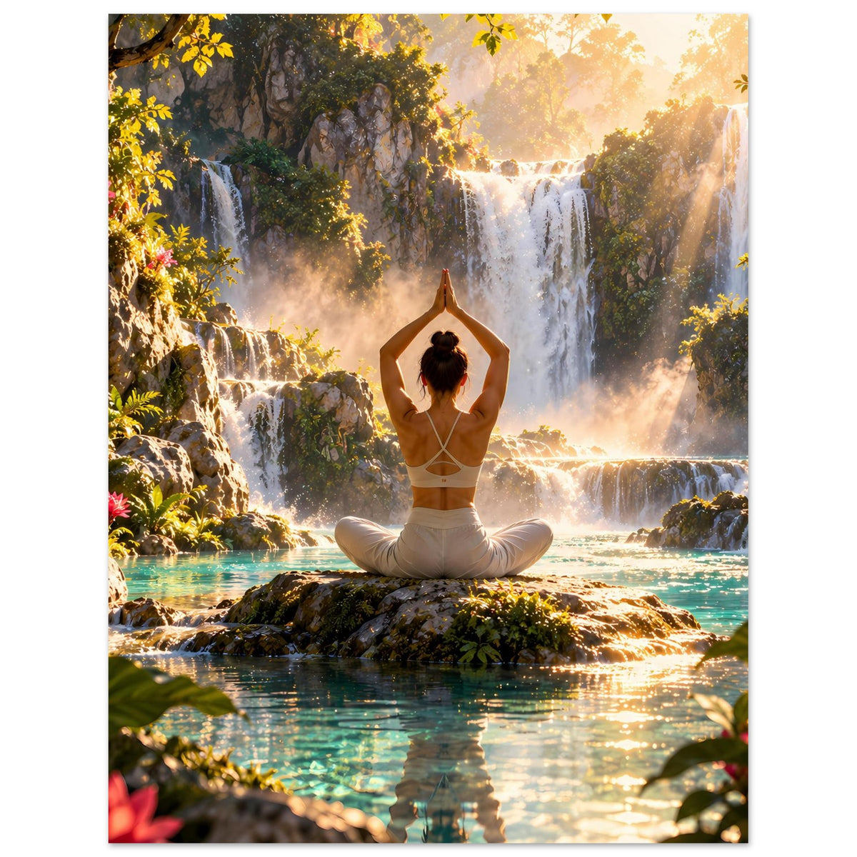 Yoga-Meditationsposter (Hochformat): meditierende Frau in der Mitte, umgeben von Wasserfällen.