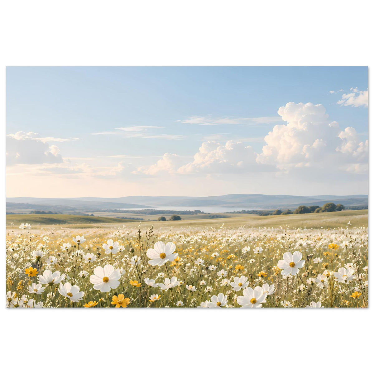 Horizontales Poster mit Wildblumenwiese, vielen weißen Blüten und kleinen gelben Akzenten