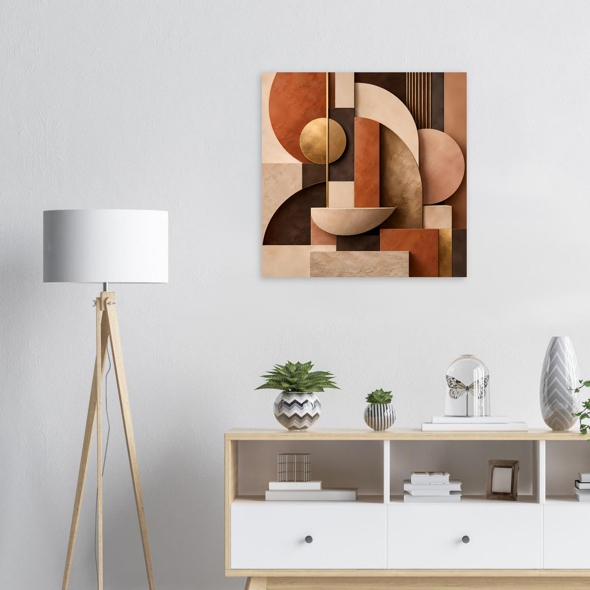 Geometrisches Kunstposter mit Terrakotta-, Beige- und Goldformen, quadratisch