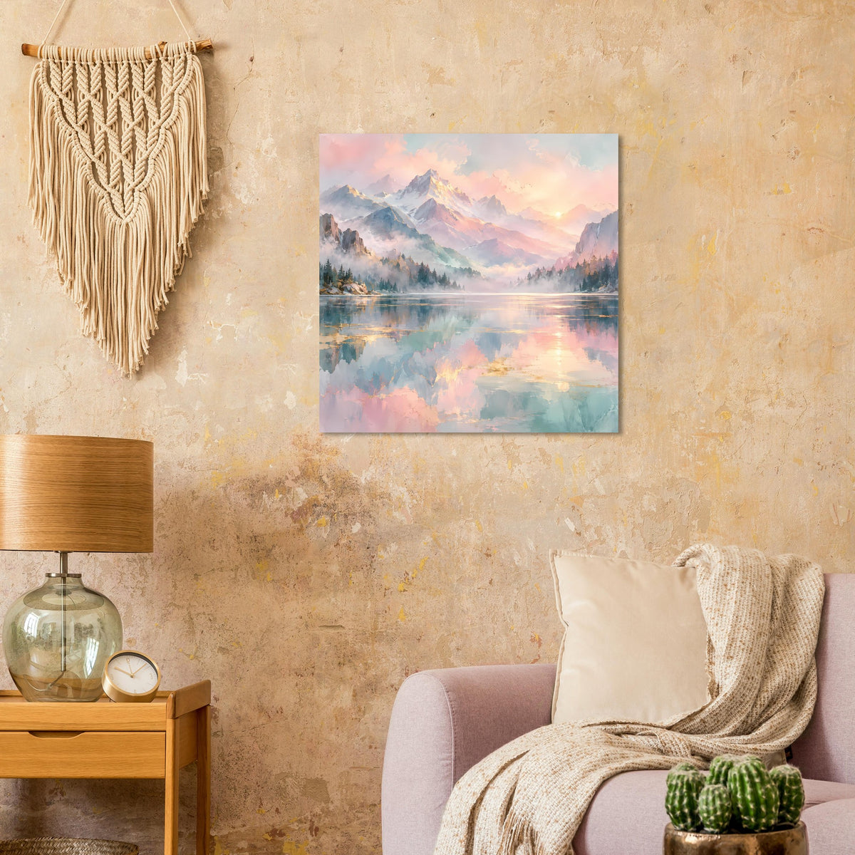 Pastellfarbenes Bergsee-Poster mit Bergen, ruhigem Wasser und rosafarbenem Himmel