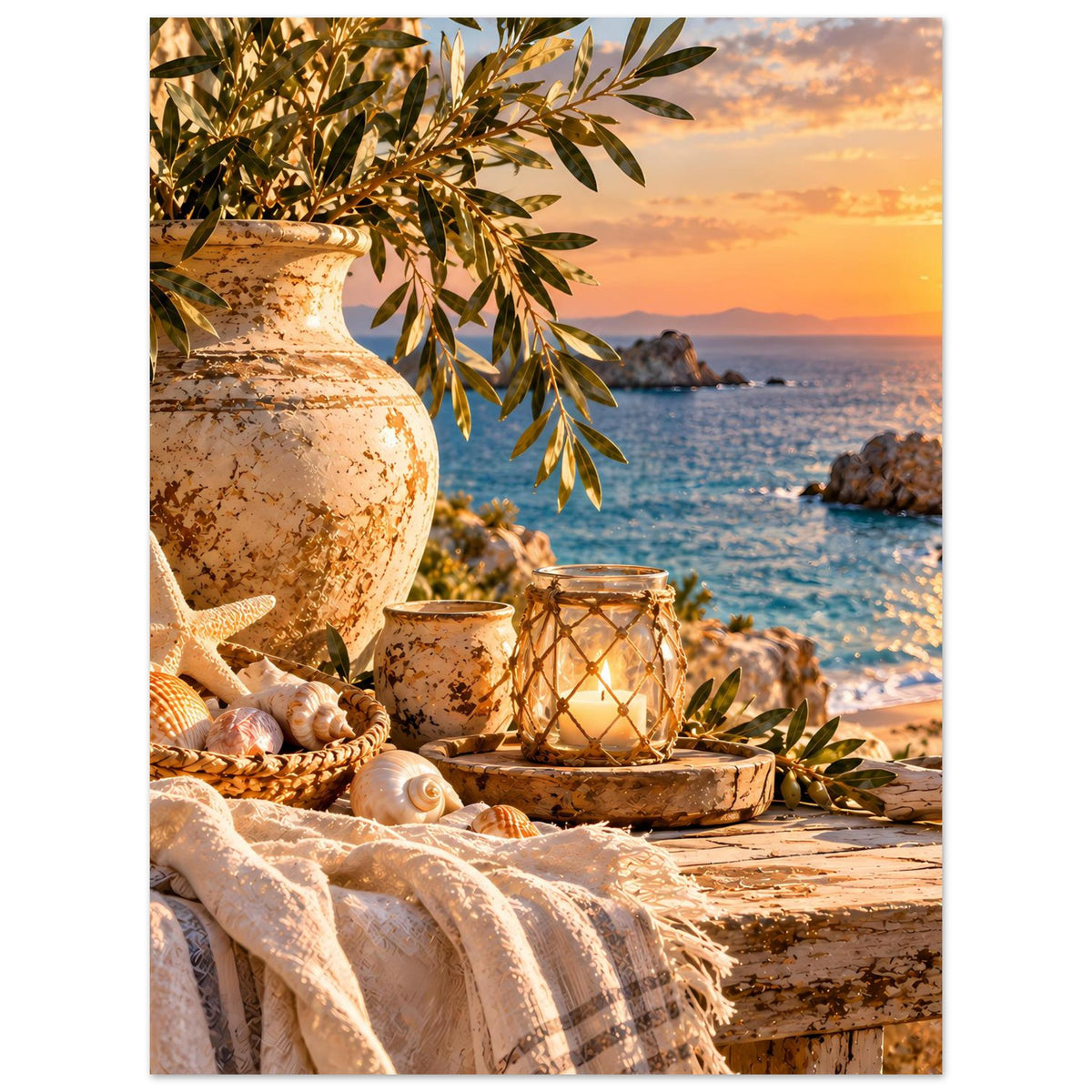 Mediterranes Küstenstillleben mit Vase, Windlicht, Olivenzweigen, Muscheln und Schal