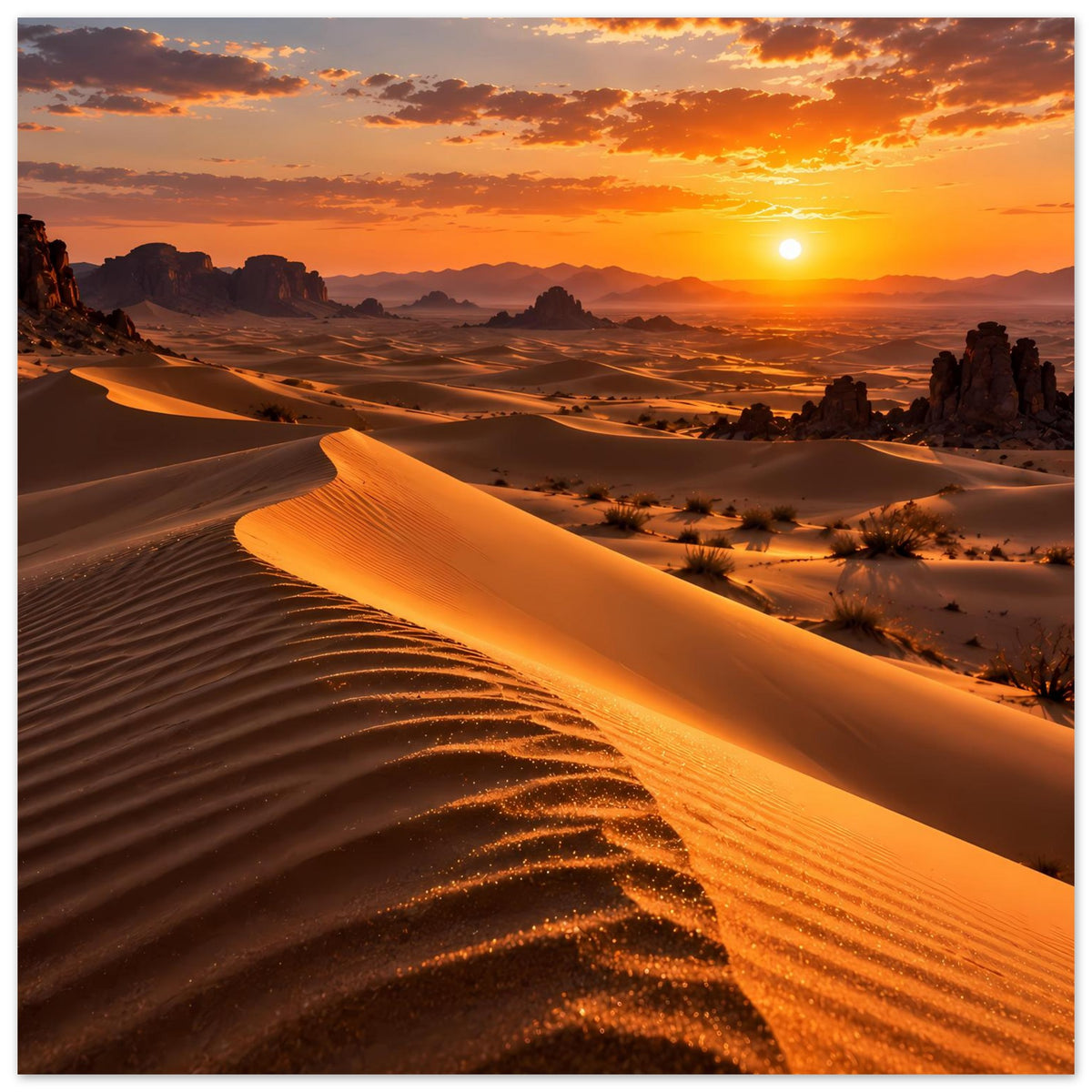 Poster: Wüstenlandschaft mit Sonnenuntergang, Dünenkamm und leuchtende Sonne am Horizont