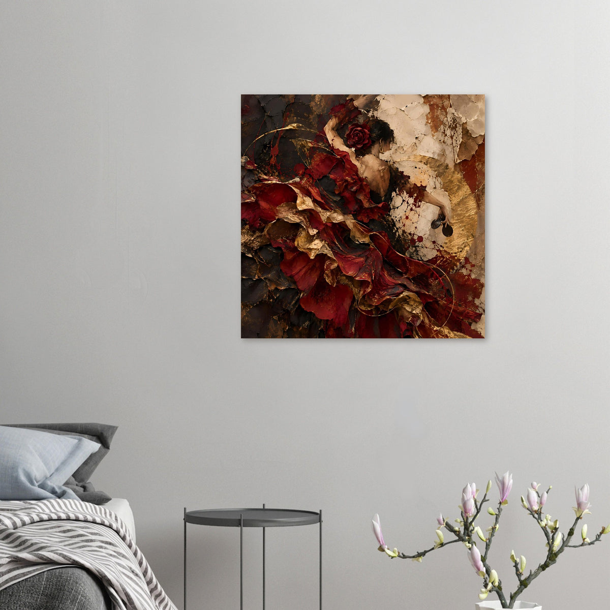 Wandposter mit abstraktem Flamenco-Motiv: rote Figur, Rose, goldene und braune Textur