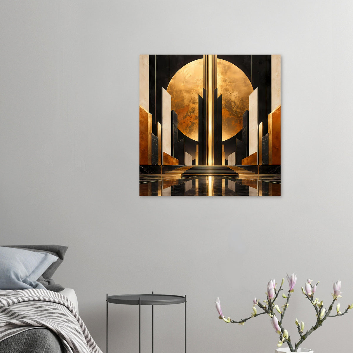 Kleines Art-Deco-Poster mit goldener Säule, halbrundem Motiv und Treppen in Schwarz-Gold