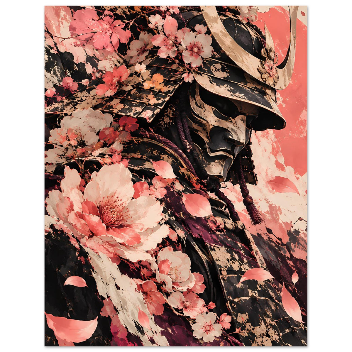 Vertikales Poster mit Samurai-Gesichtsschirm und Kirschblüten, kräftige Kontraste.