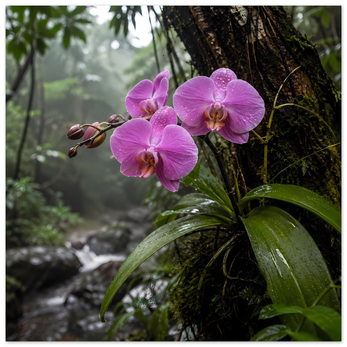 Orchideen-Poster mit drei violetten Orchideenblüten auf moosiger Baumrinde
