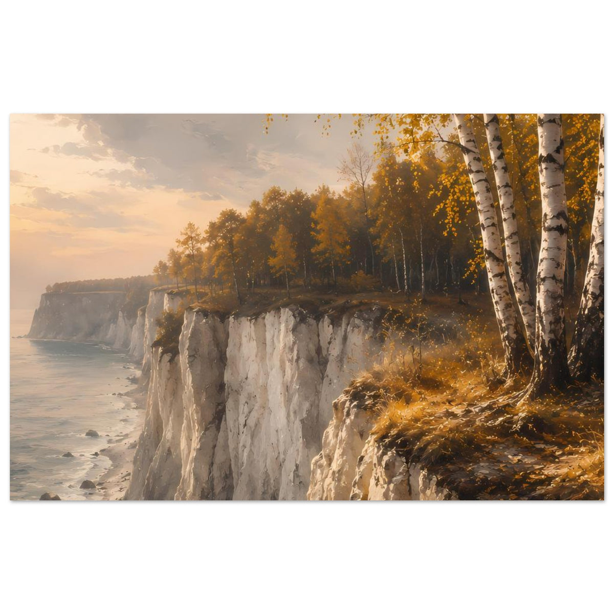 Herbstliches Küstenlandschafts-Poster mit Steilklippen, Strandlinie und Birken, Querformat