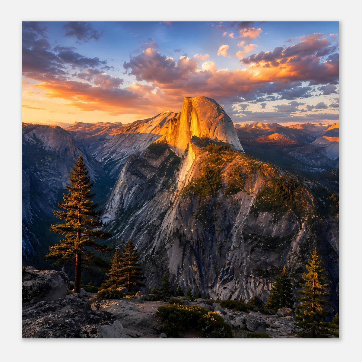 Wandposter mit Berggipfel bei Sonnenuntergang, leuchtende Felswand und bewaldete Hänge