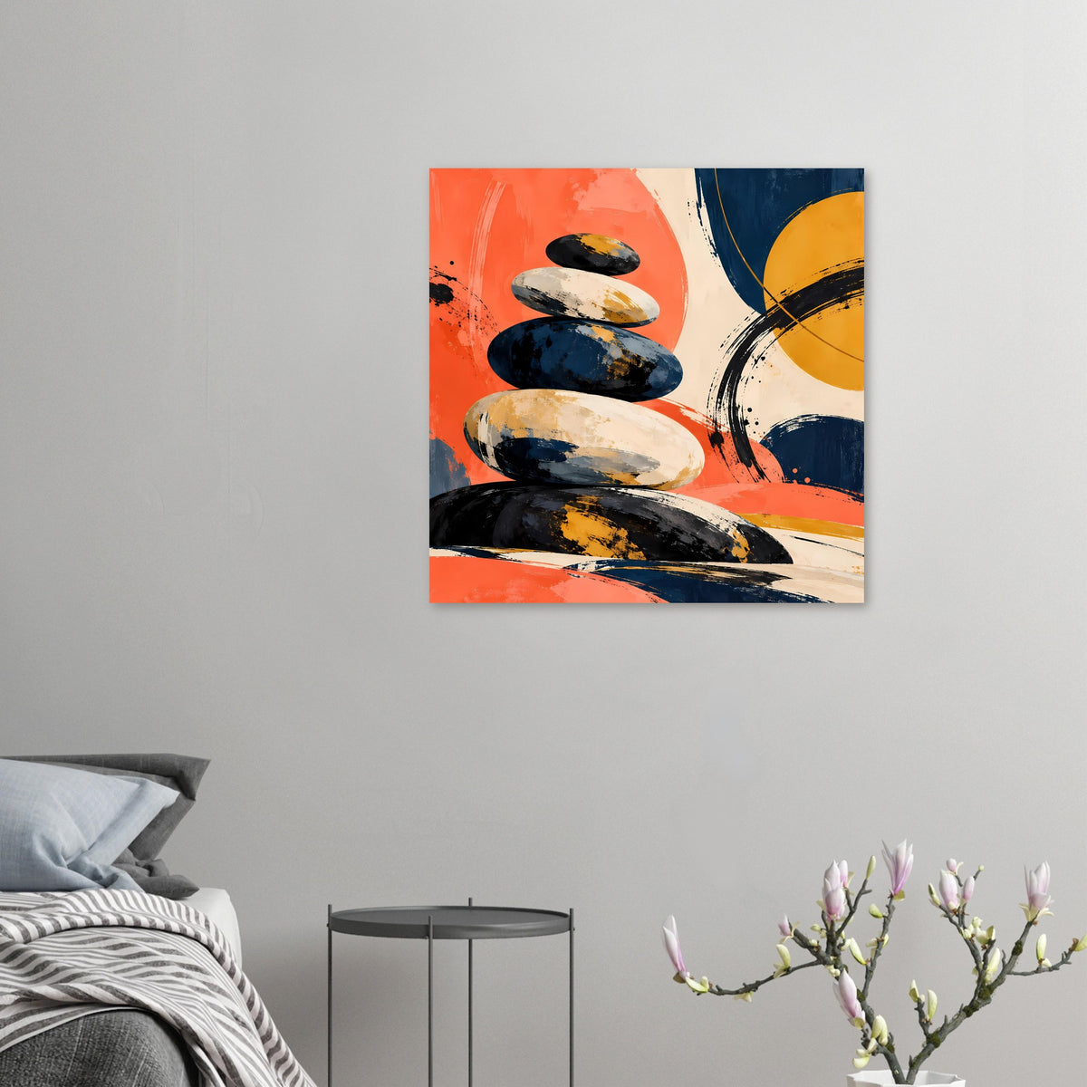 Kleines Abstraktposter mit gestapelten Steinen in Orange, Dunkelblau, Creme und Gelb