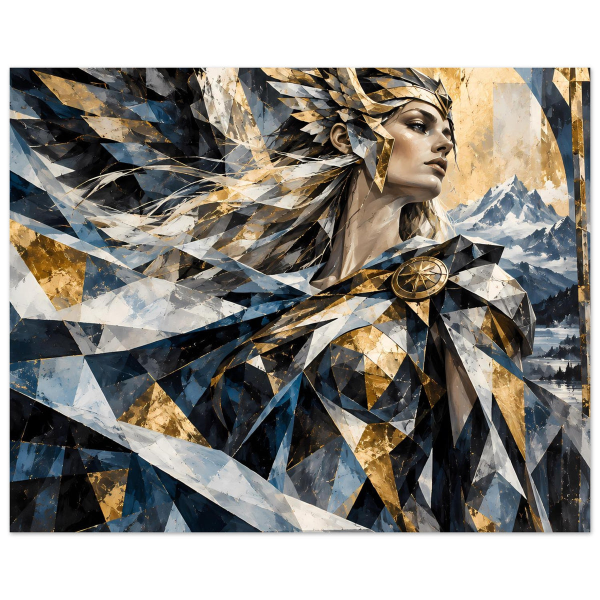 Geometrisches Poster: Kriegerin mit Federkrone im Profil, Blau-Gold-Muster und Symbol am Hals.