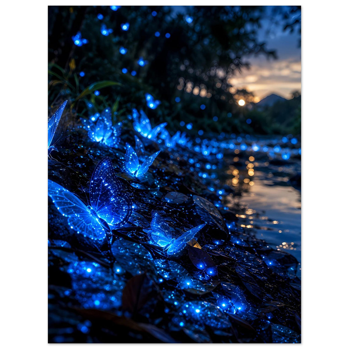 Vertikales Poster mit blau leuchtenden Flügeln, Glitzerlichter und dunkler Pflanzenoptik