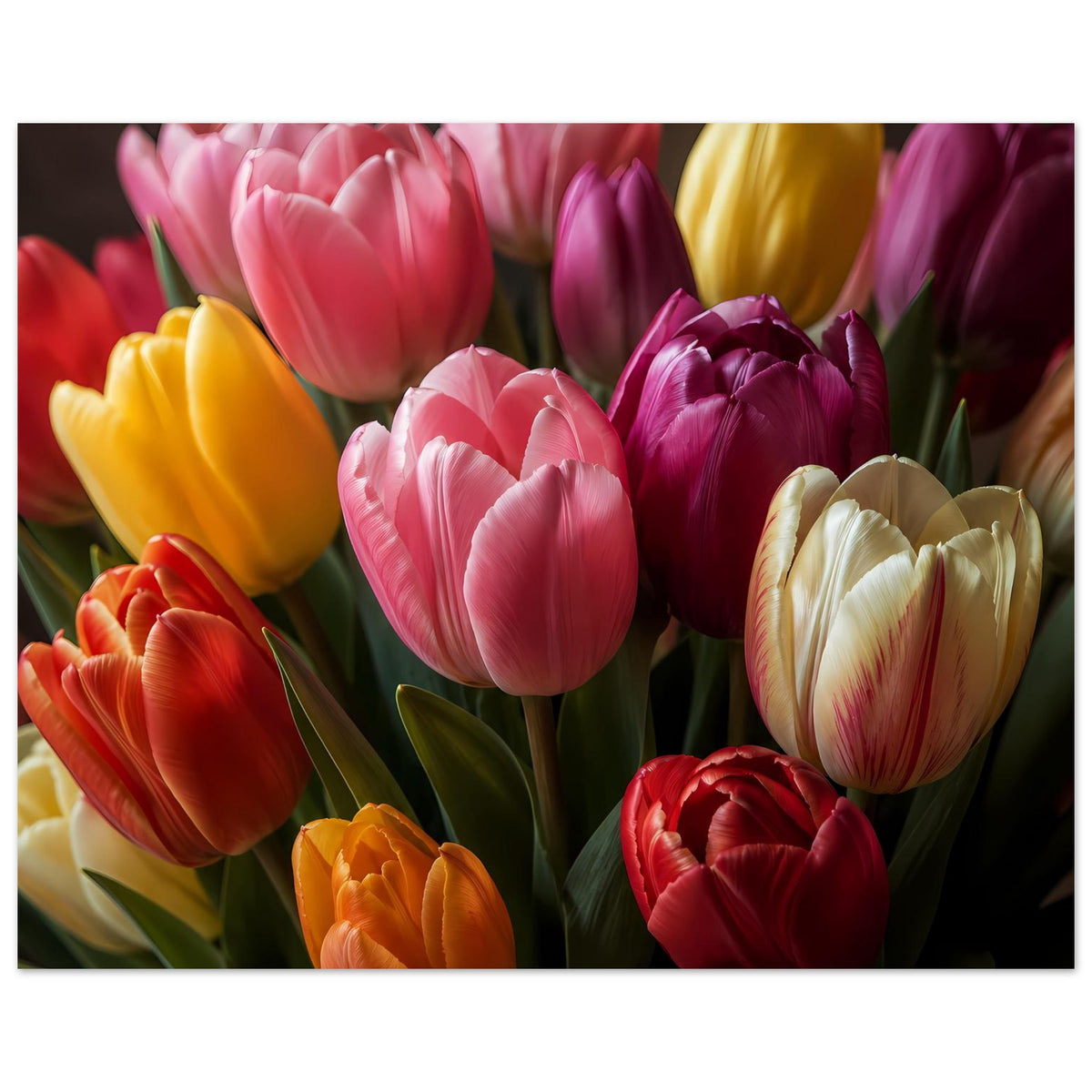 Tulpenstrauß-Poster im Querformat: Pinke, violette, gelbe und rote Tulpen mit grünen Blättern
