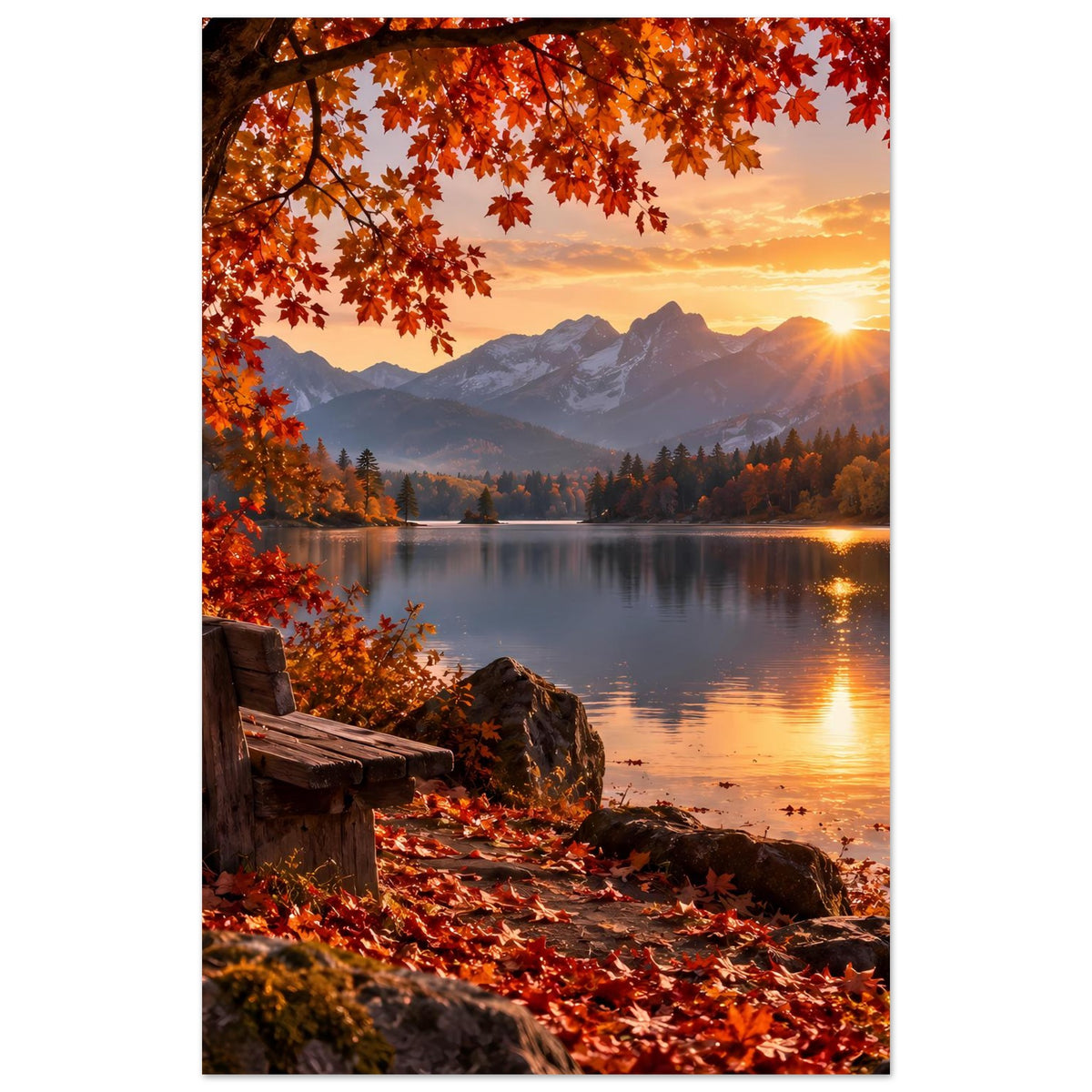 Herbst-Landschaftsposter: Blick auf See und Berge, rote Blätter am Rand und Abendsonne
