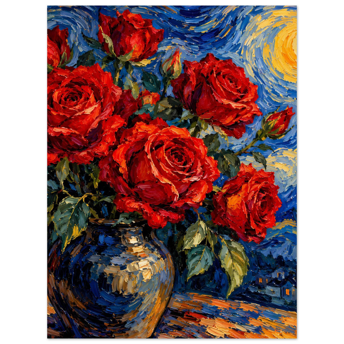 Poster: roter Rosenstrauß in Vase, gemalte Farben in Blau und Gold vor Nachthimmel