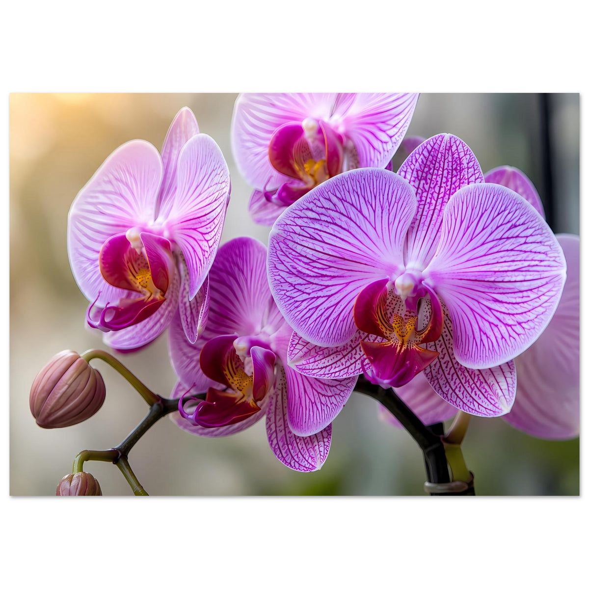 Orchideen-Poster mit zentraler lila-pinker Blüte und mehreren Nebenblüten