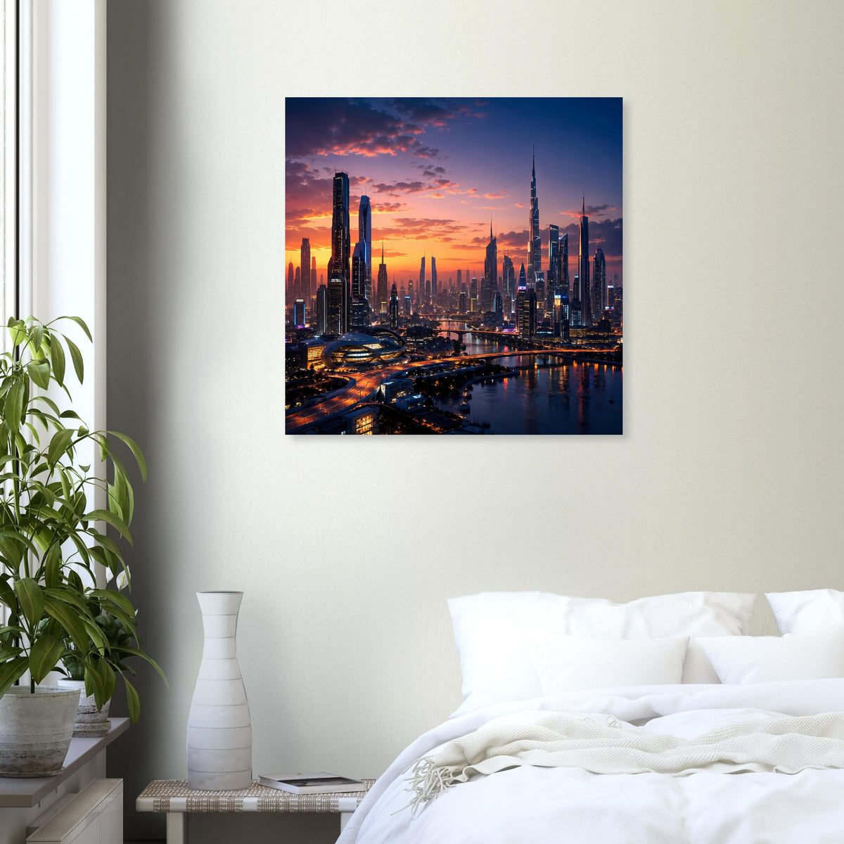 Quadratisches Wandposter mit City-Skyline im Sonnenuntergangslicht und Fluss bei Nacht.