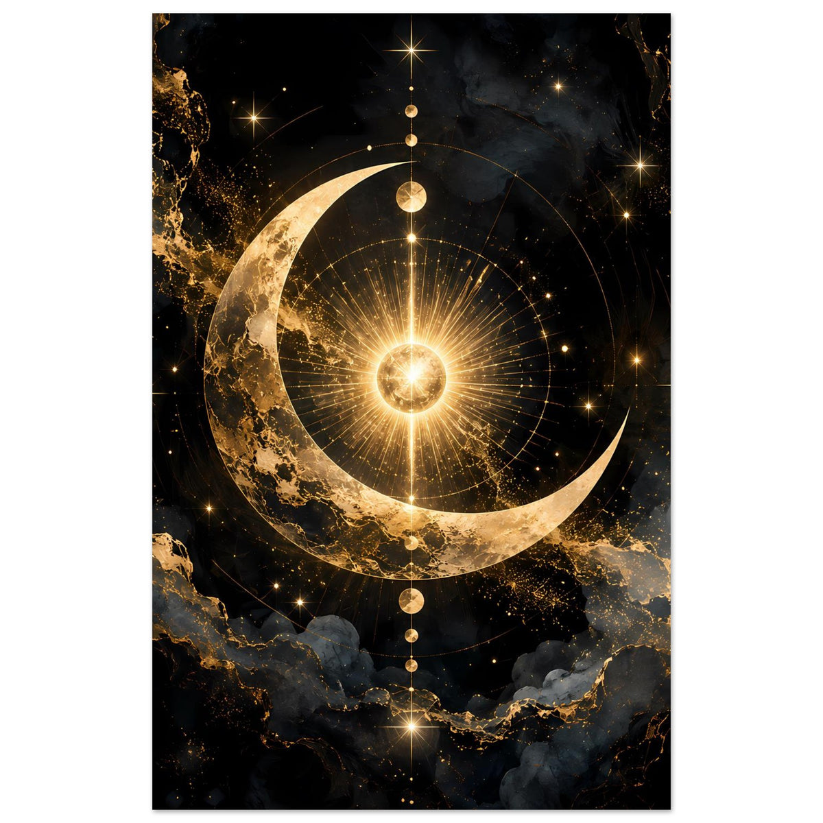 Hochformat-Poster: goldene Mondsichel, Sternenring mit leuchtendem Zentrum, Perlen