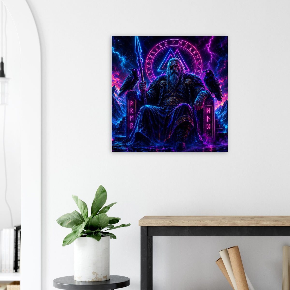 Fantasy-Poster mit Wikingerkönig, leuchtende Runen und lila-blauer Energie im Hintergrund