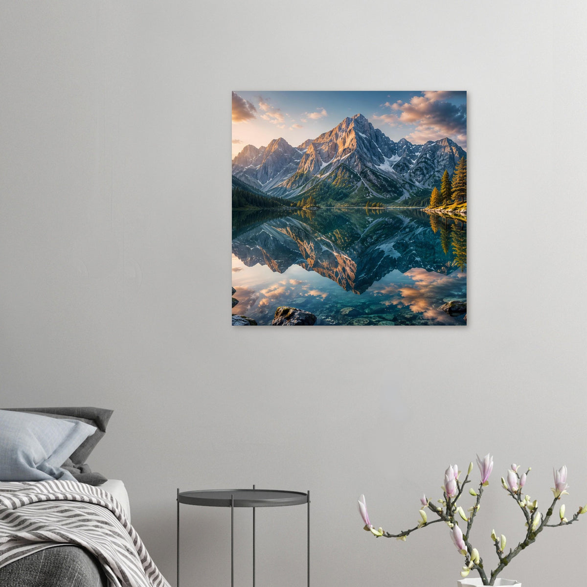Kleines Poster mit Berglandschaft und spiegelndem See, Türme und Reflexionen