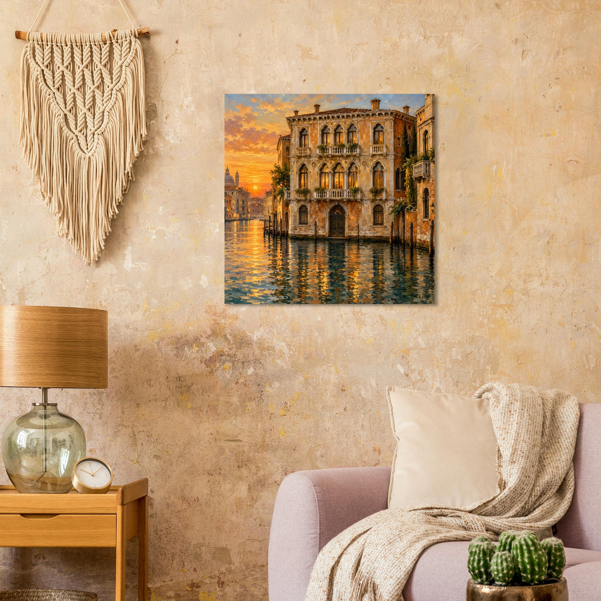 Poster mit venezianischem Palast am Wasser und goldenen Reflexen bei Abendsonne