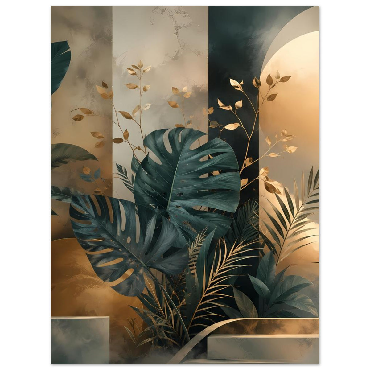 Poster mit tropischen Monstera- und Palmblättern in Petrolgrün und Gold, vertikal