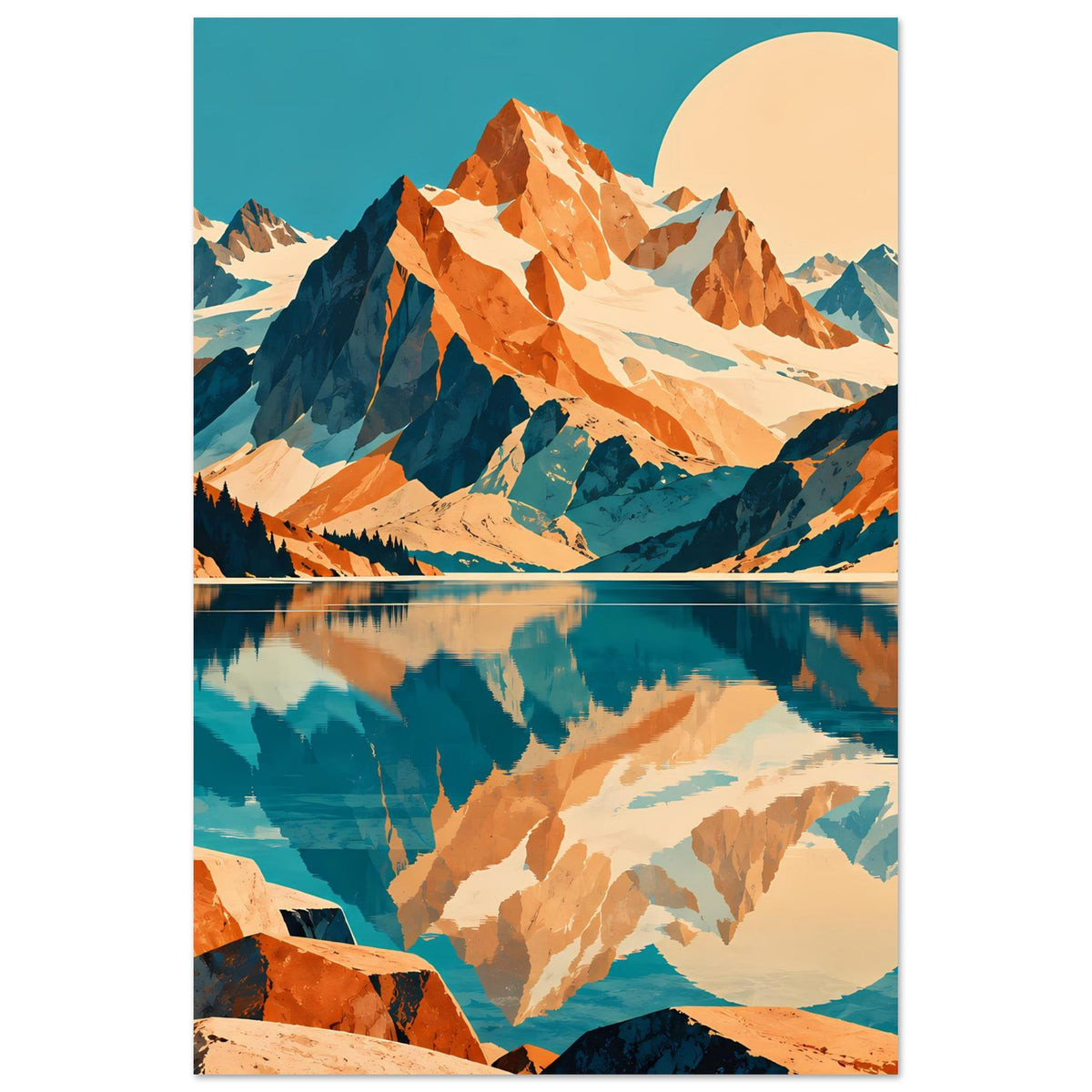 Naturposter im Hochformat mit Bergpanorama, See-Spiegelung und Sonne