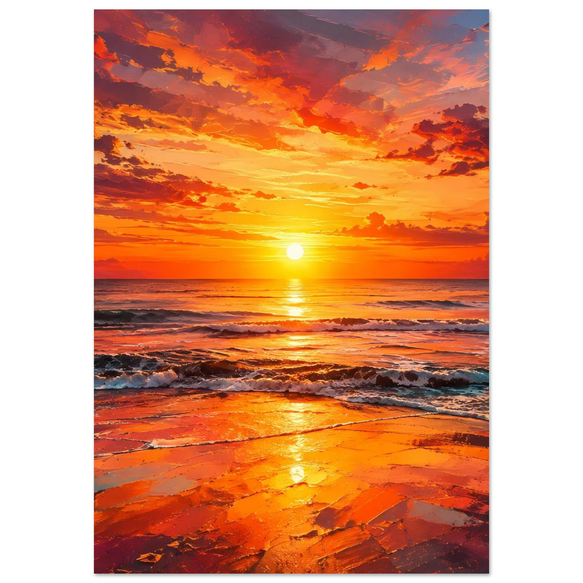 Poster im Hochformat mit Sonnenuntergang, orangefarbenem Wolkenmeer und Strandwellen