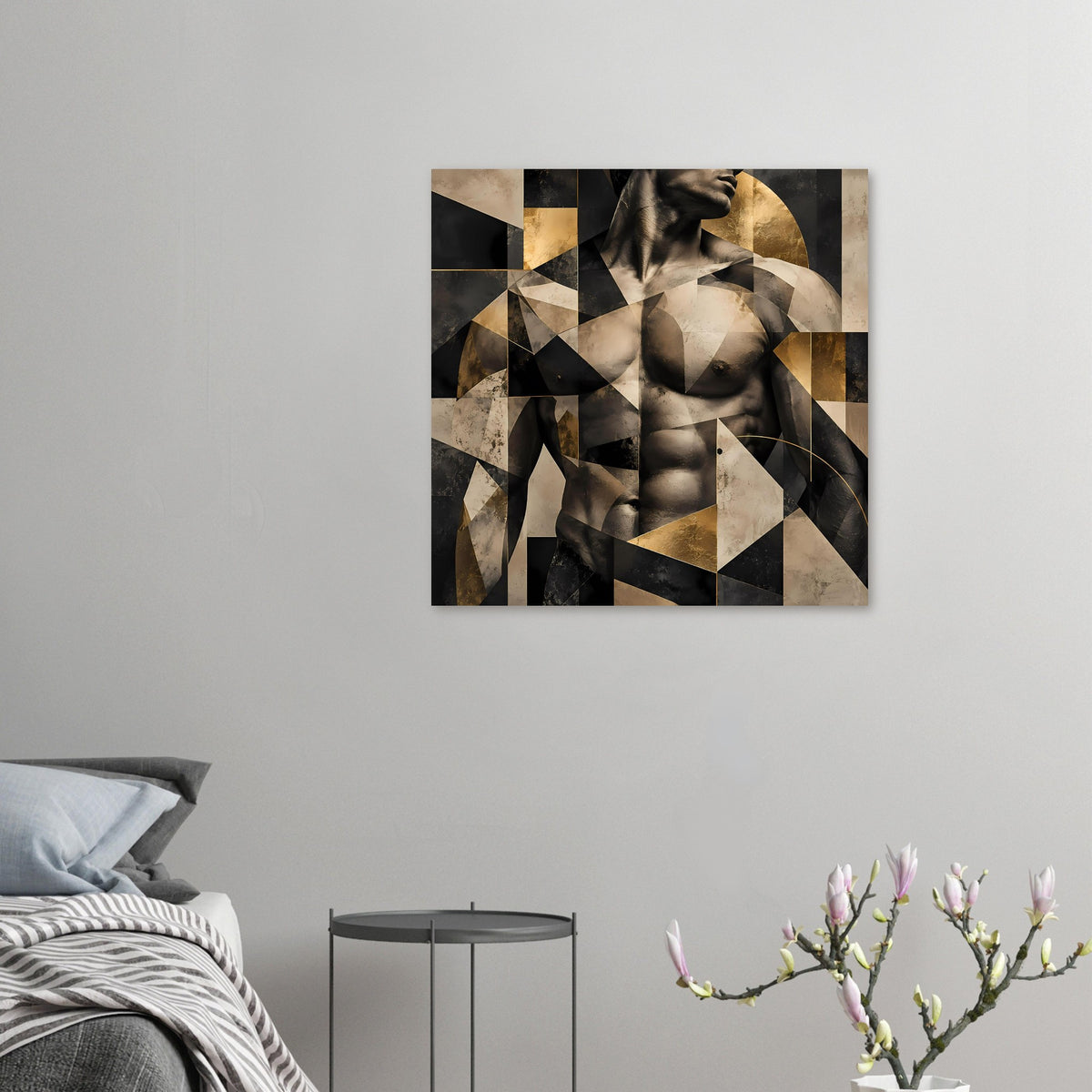 Quadratisches abstraktes Poster mit Aktmotiv, geometrische Flächen in Schwarz, Beige und Gold