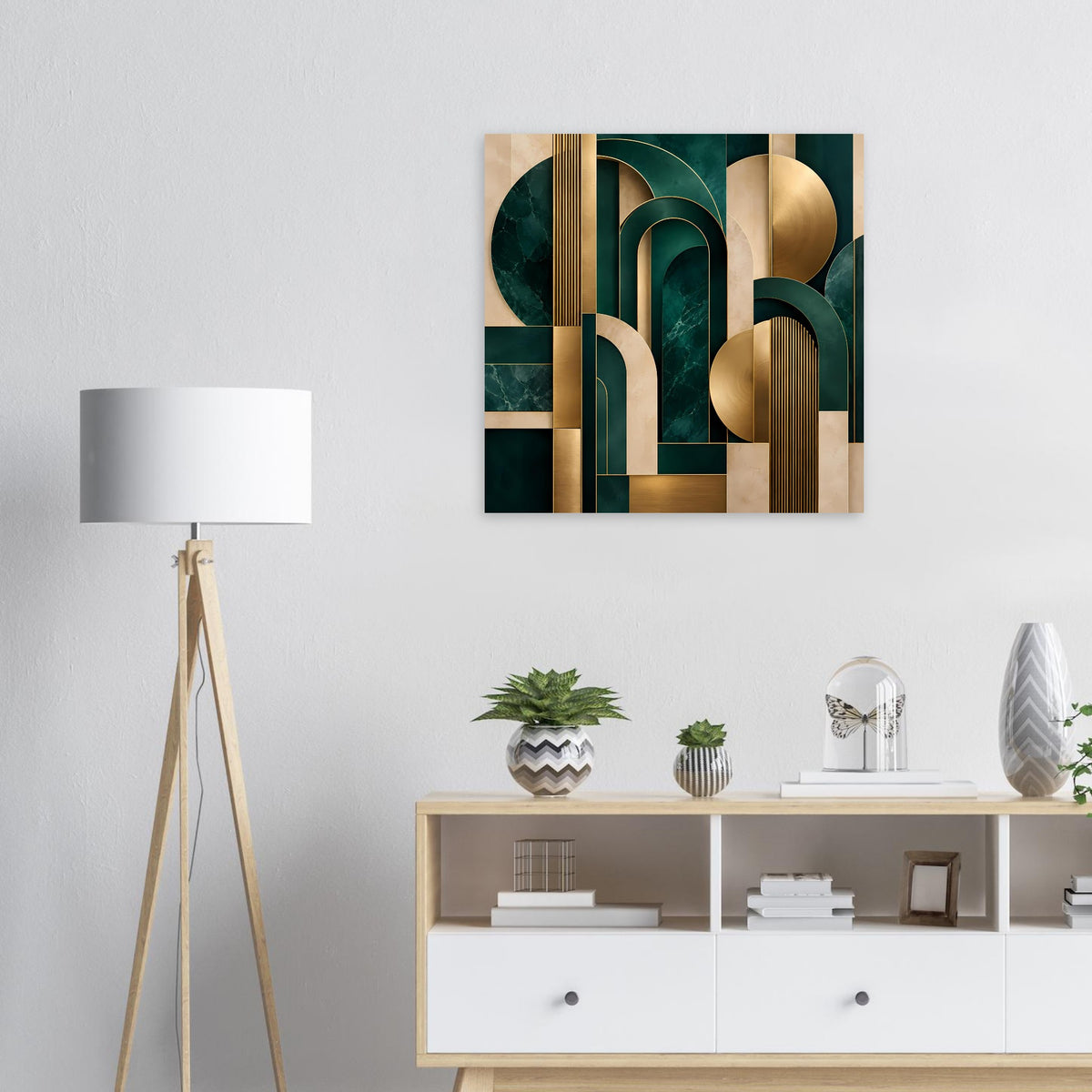 Quadratisches Art-Deco-Poster: goldene und dunkelgrüne geometrische Bögen