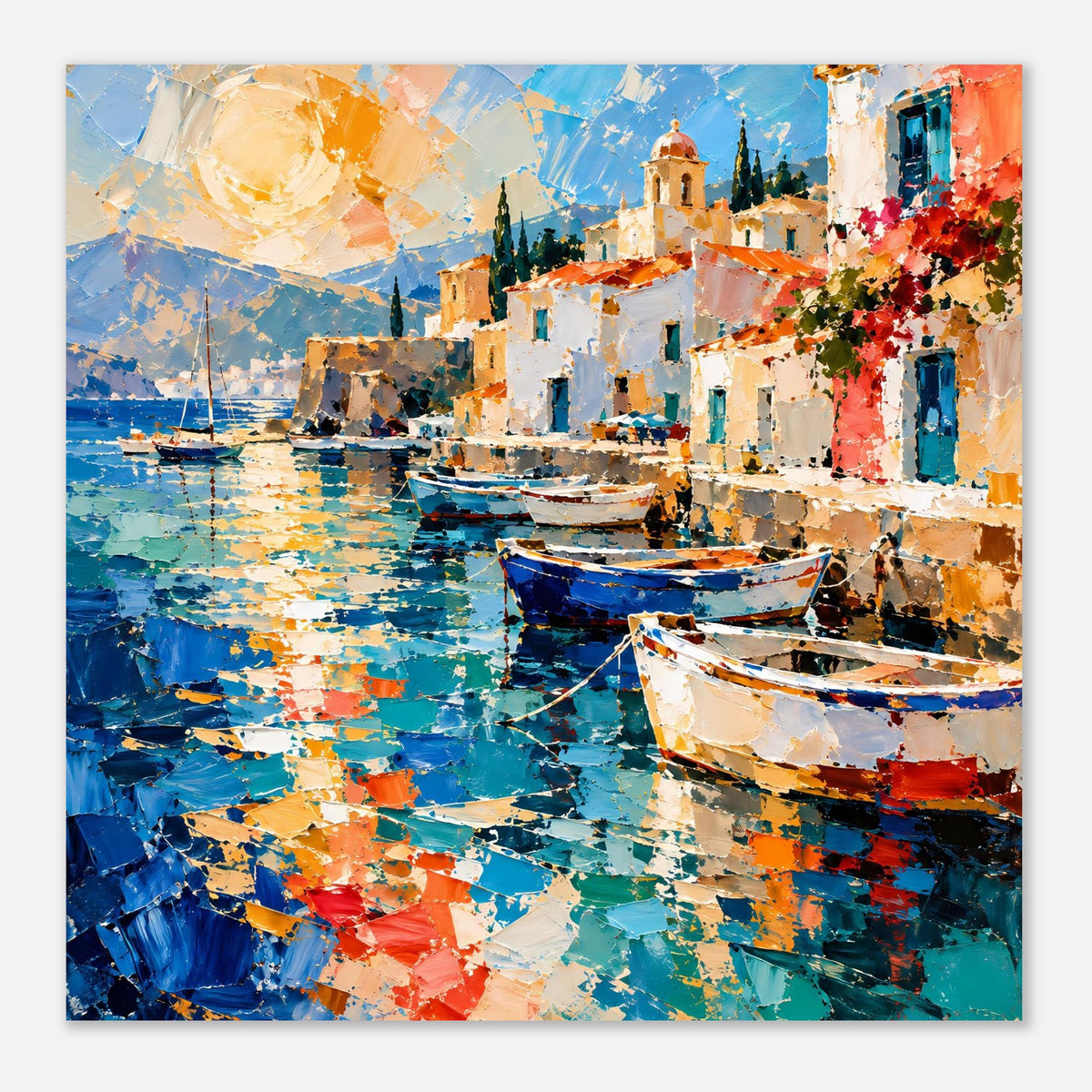 Bunte Fischerboote auf blauem Wasser im mediterranen Hafen – Posteransicht 50