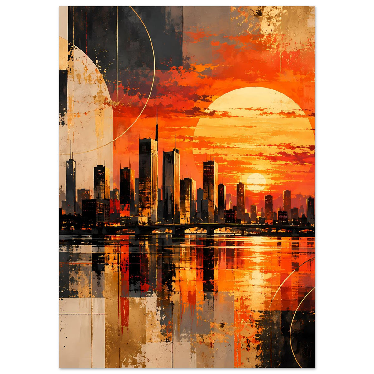 Poster mit Stadtsilhouette bei Sonnenuntergang, orange und rot, mit hellen Kreisformen