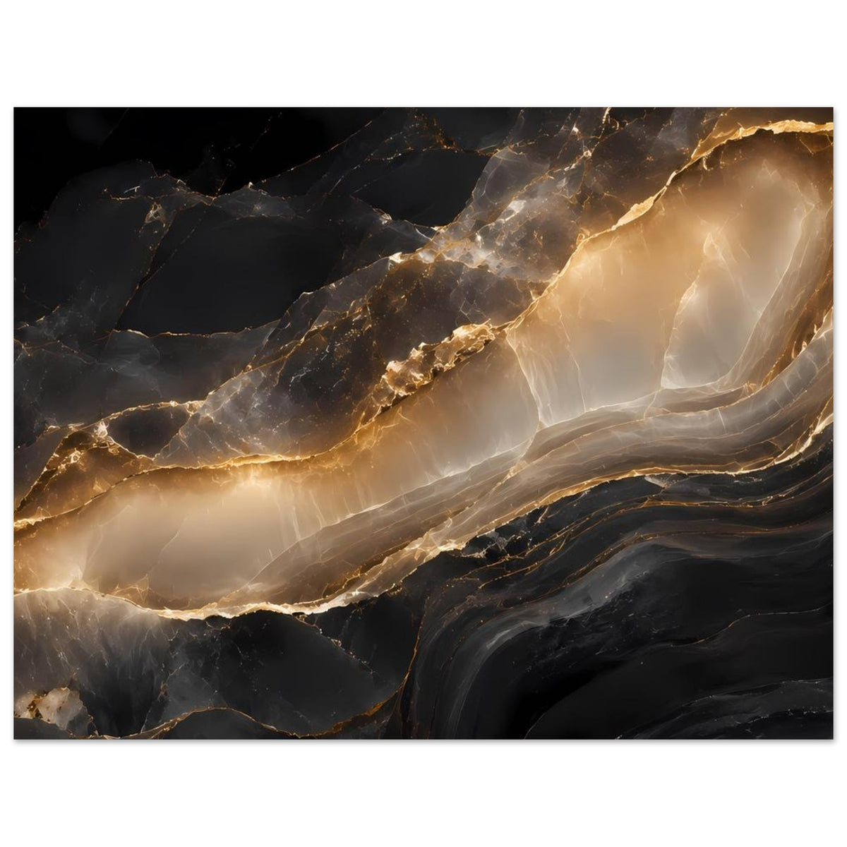 Abstrakter Marmor-Kunstprint mit schwarzen Flächen, goldenen Adern und hellbeigen Partien