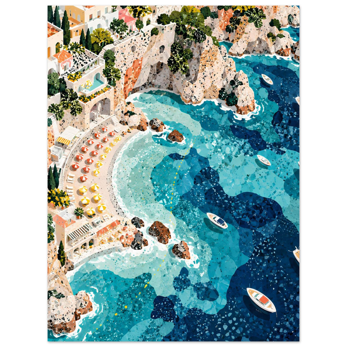 Mediterrane Küstenlandschaft mit Villen, sonnigen Felsklippen und türkisblauem Meer in Mosaikoptik – Posteransicht 10