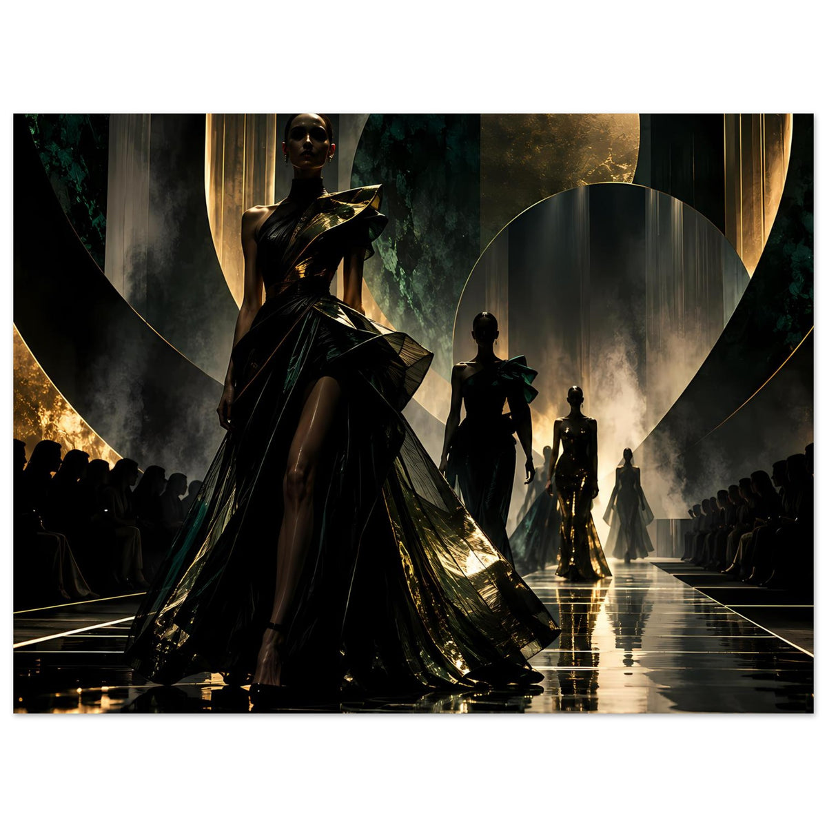 Querformat-Poster mit Laufstegszene: große zentrale Figur in dunklem Kleid, goldfarbene Akzente.