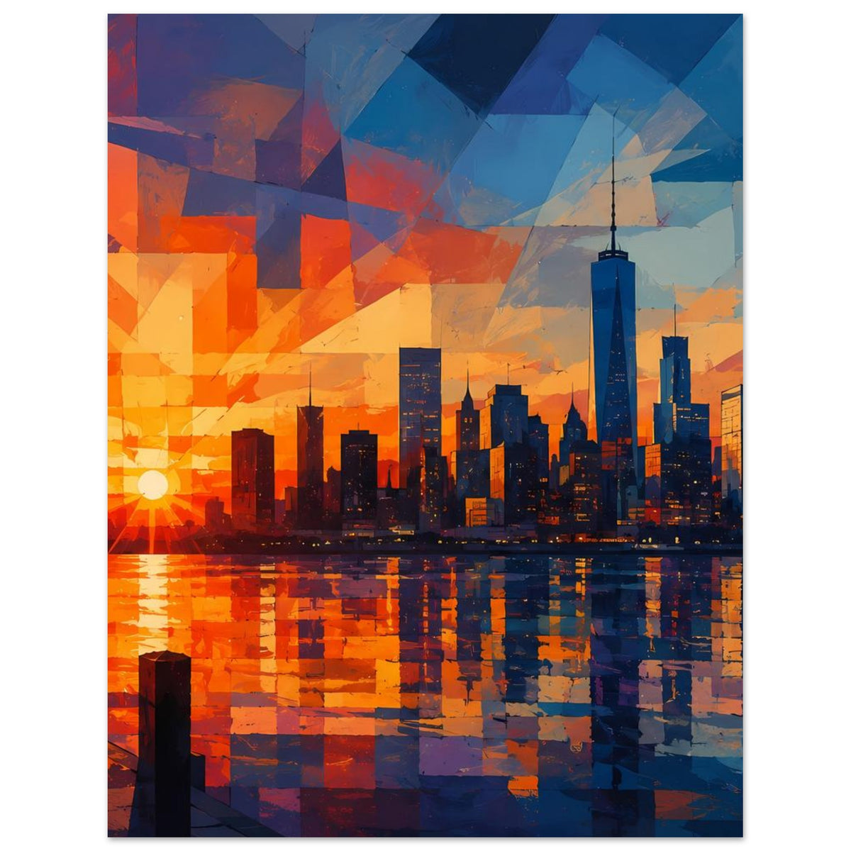Poster im Hochformat mit abstrakter Stadtsilhouette, orange Abendsonne und blauen Reflexen