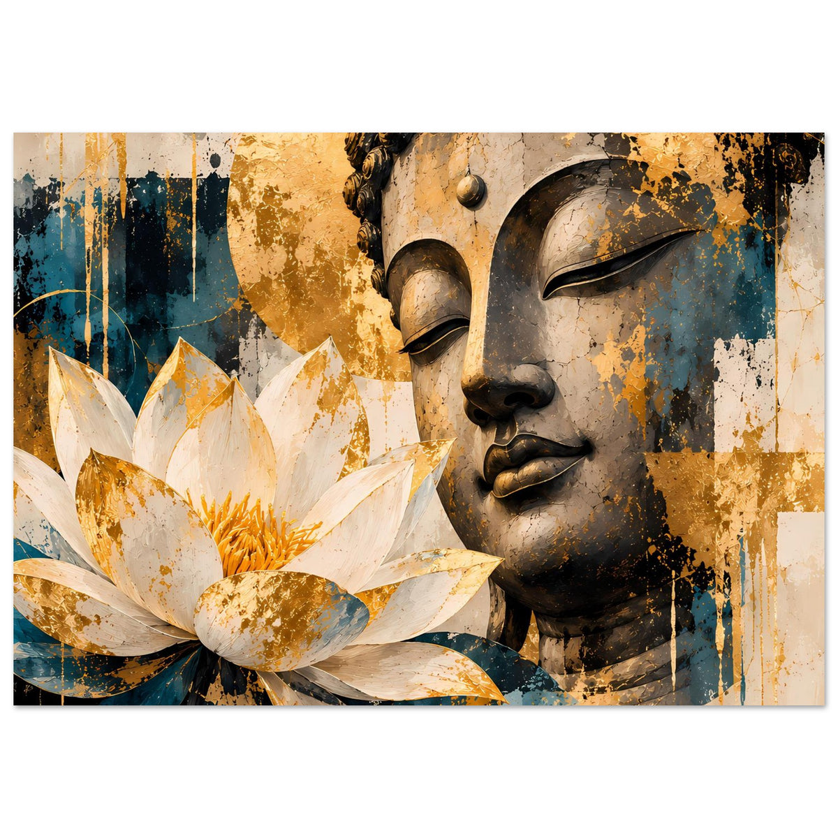Buddha-Poster im Querformat mit Lotusblüte und Buddha-Gesicht, gold-türkise Muster und Sprenkel.