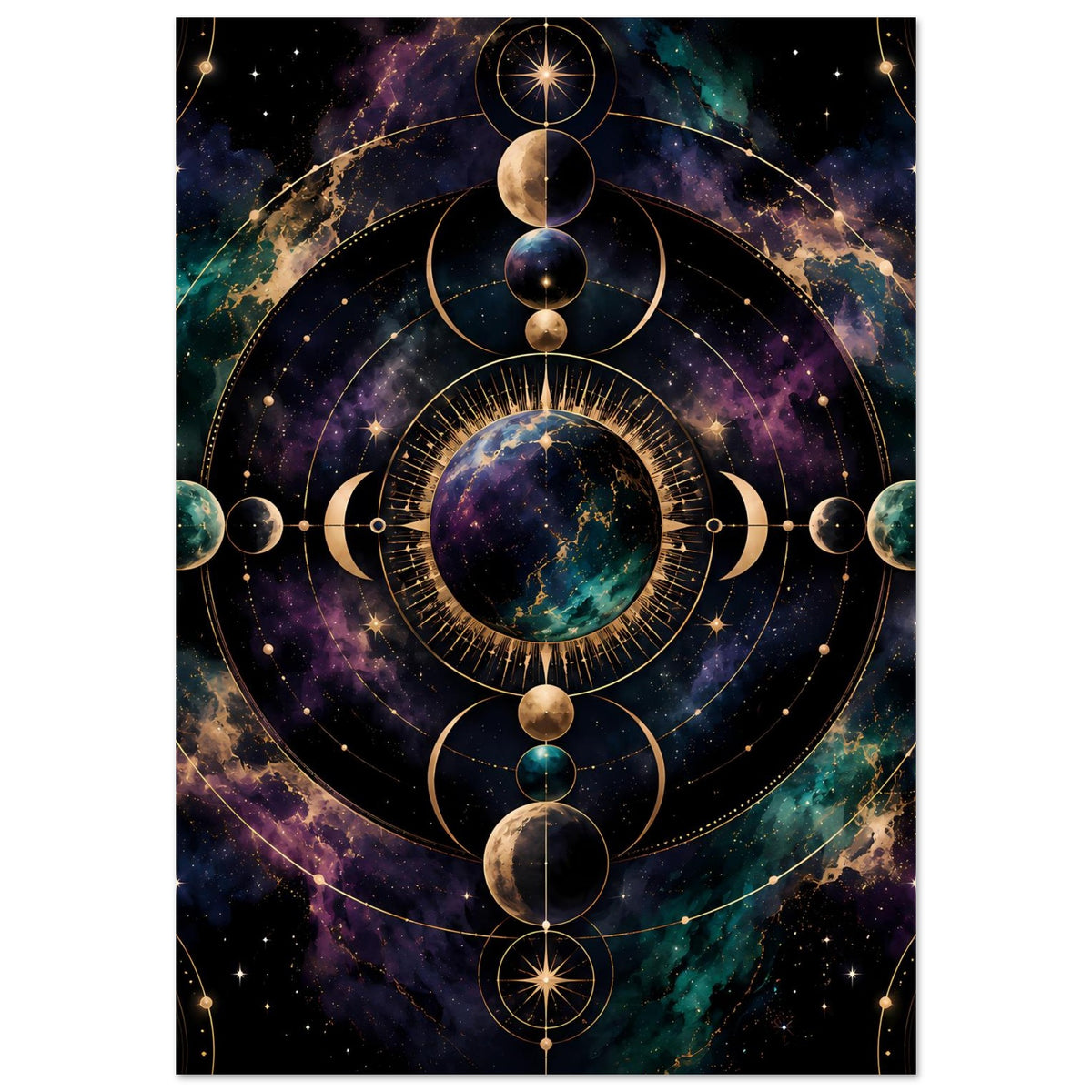 Poster mit Mondphasen-Motiv im Kreis, Planet im Zentrum, goldene Linien und farbige Monde