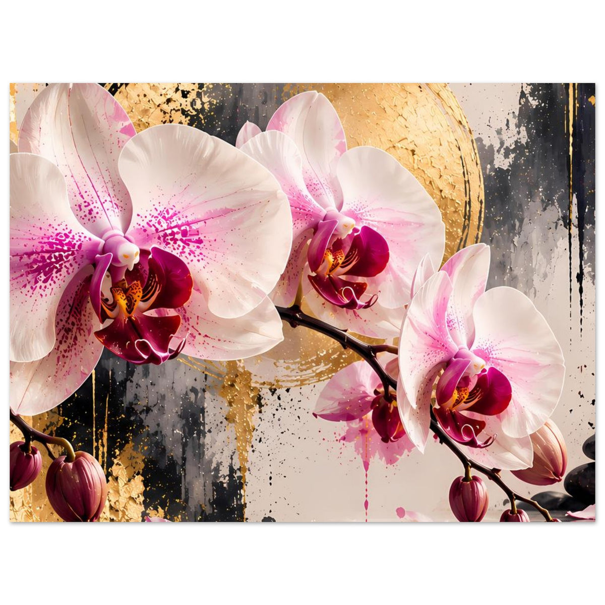 Poster mit weißen Orchideen, pinken Akzenten und goldenen Details auf kontrastreicher Fläche