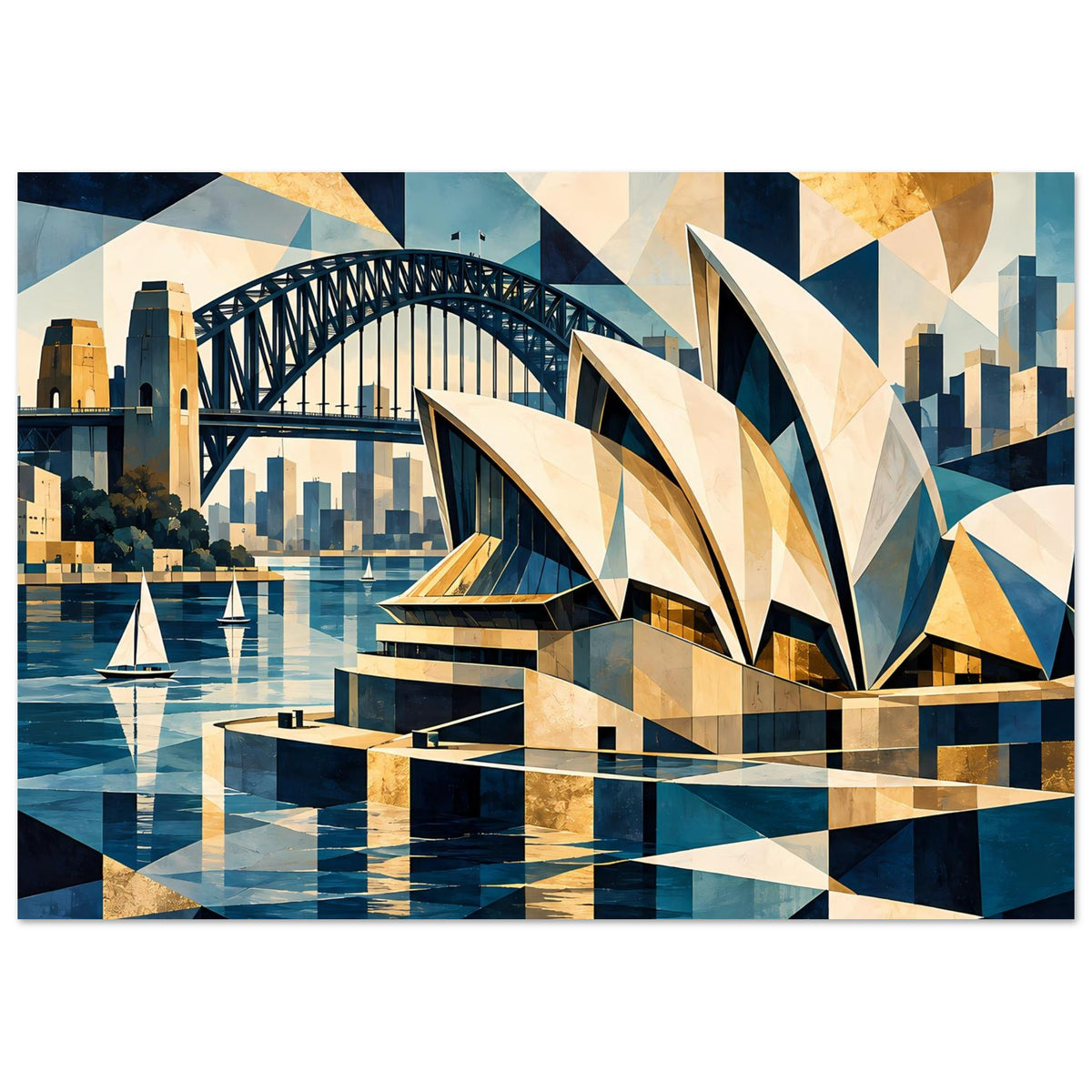 Poster mit geometrischer Sydney-Hafenillustration, Opernhaus, Brücke und Wasser