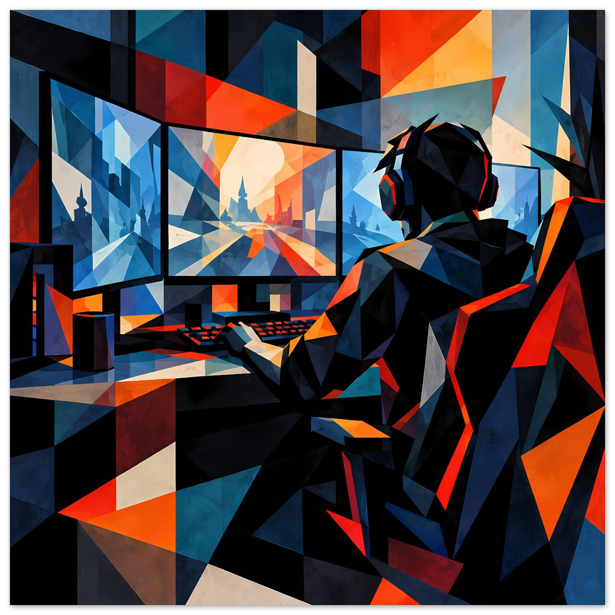 Gaming-Poster im Hochformat mit Gamer-Figur im Headset, kantige Flächen in Blau, Orange und Rot