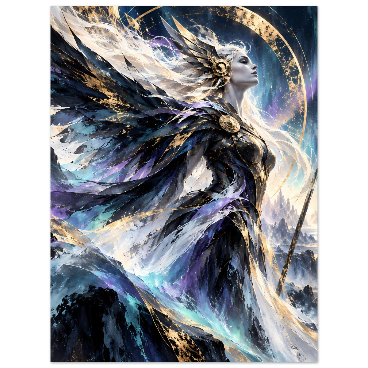 Fantasy-Göttinnenposter im Hochformat: geflügelte Frau, goldene Ornamente, violett-blaue Lichtwirbel.