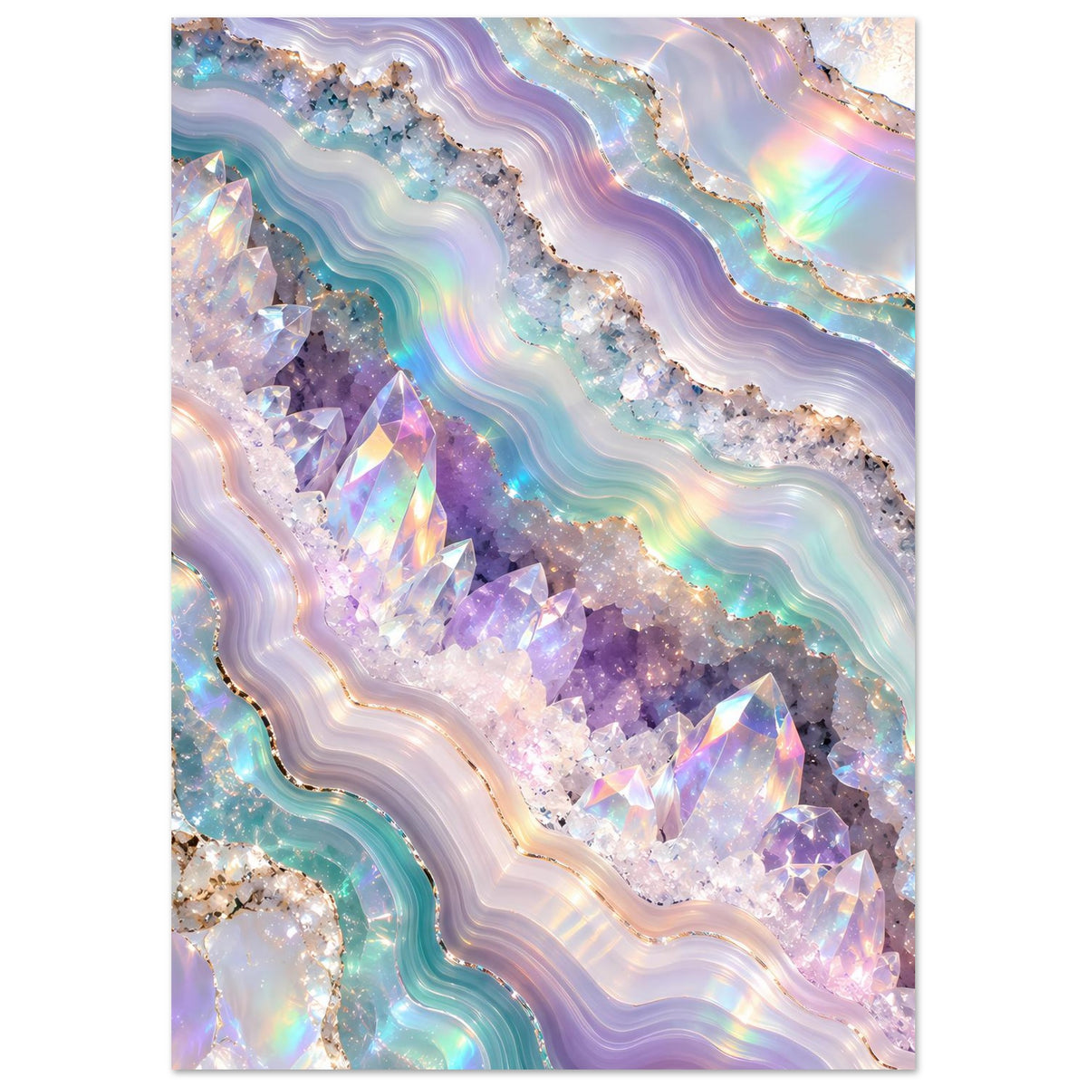 Holografisches Geode-Kristallposter, senkrecht mit lila und blauen Kristallen sowie welligen Achatadern